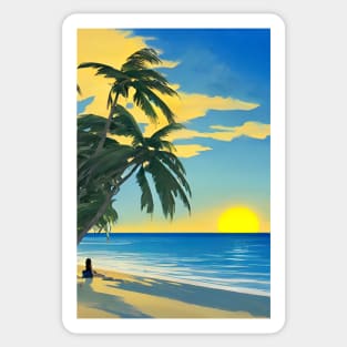 Girl Summer Sunset Palm Tree Beach Ocean Artistic Paradise Sticker